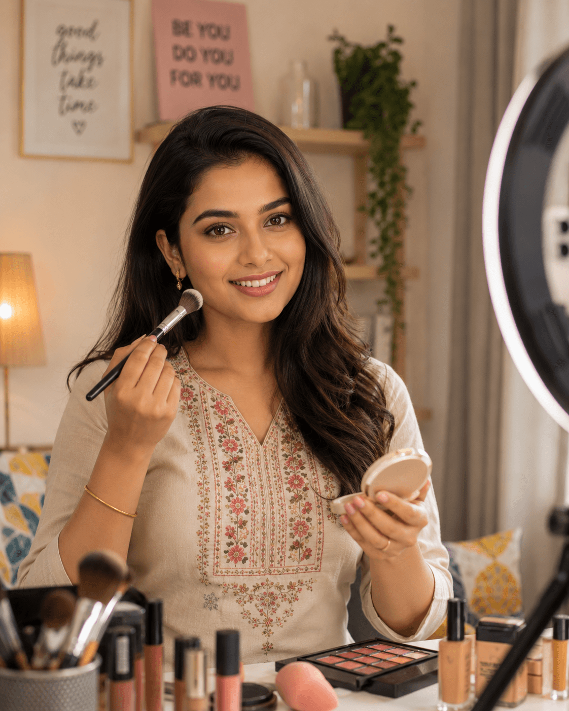 Indian beauty creator filming makeup content